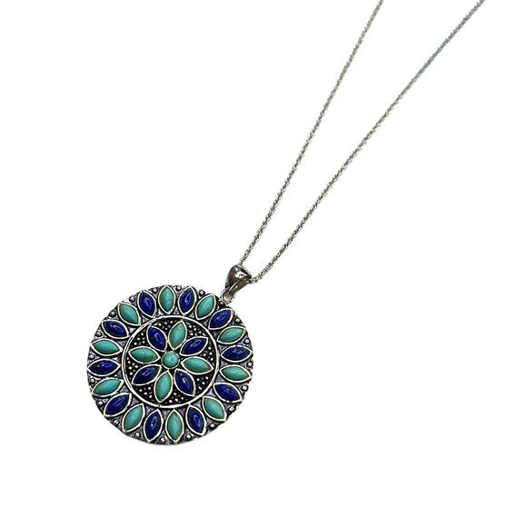 R. H. Macy Sterling Silver, Turquoise & Lapis Flower Drop Necklace - Picture 2 of 6